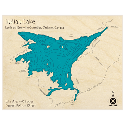 Bathymetric topo map of Indian Lake with roads, towns and depths noted in blue water