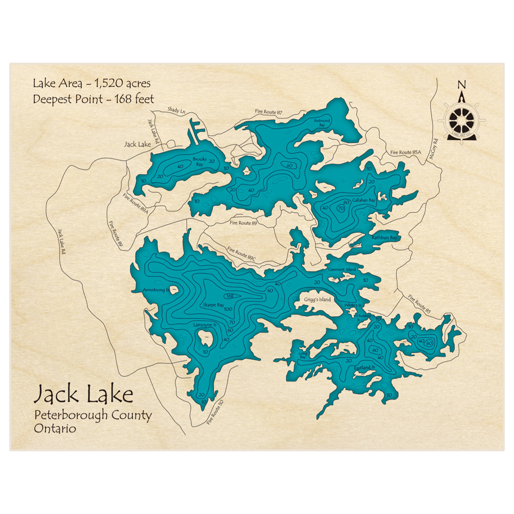 Bathymetric topo map of Jack Lake with roads, towns and depths noted in blue water