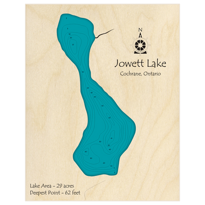 Bathymetric topo map of Jowett Lake with roads, towns and depths noted in blue water