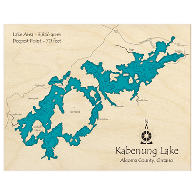 Bathymetric topo map of Kabenung Lake with roads, towns and depths noted in blue water