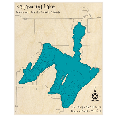 Bathymetric topo map of Kagawong Lake with roads, towns and depths noted in blue water