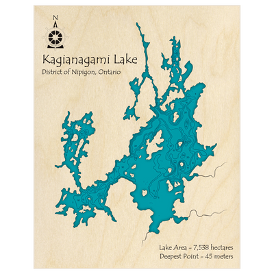 Bathymetric topo map of Kagianagami Lake with roads, towns and depths noted in blue water