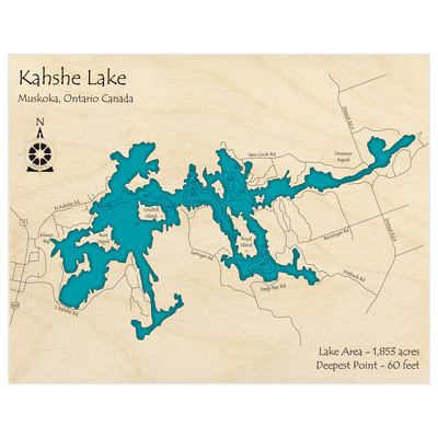 Bathymetric topo map of Kahshe Lake with roads, towns and depths noted in blue water