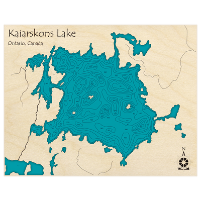 Bathymetric topo map of Kaiarskons Lake with roads, towns and depths noted in blue water