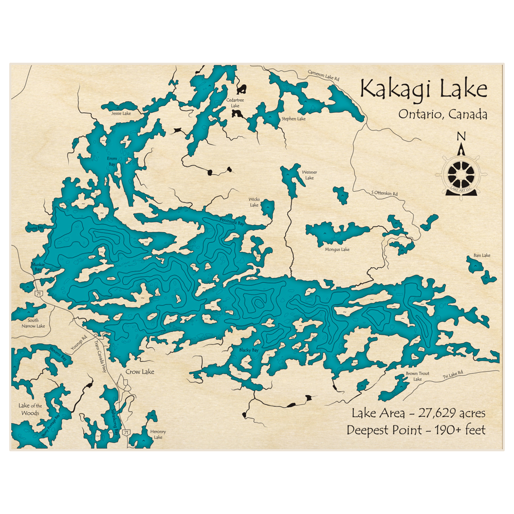 Bathymetric topo map of Kakagi Lake  with roads, towns and depths noted in blue water