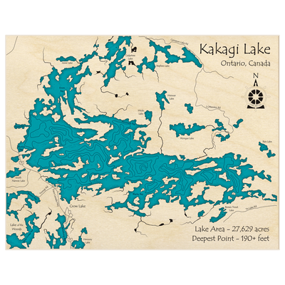 Bathymetric topo map of Kakagi Lake  with roads, towns and depths noted in blue water