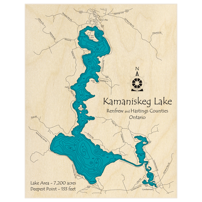 Bathymetric topo map of Kamaniskeg Lake with roads, towns and depths noted in blue water