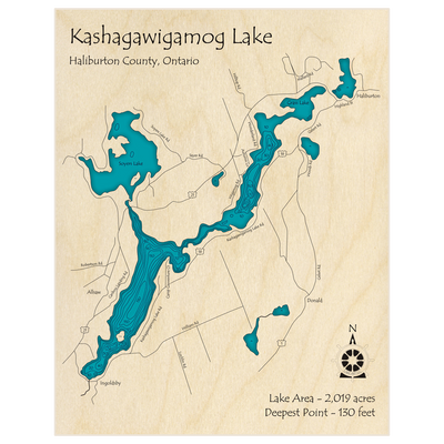 Bathymetric topo map of Kashagawigamog Lake with roads, towns and depths noted in blue water