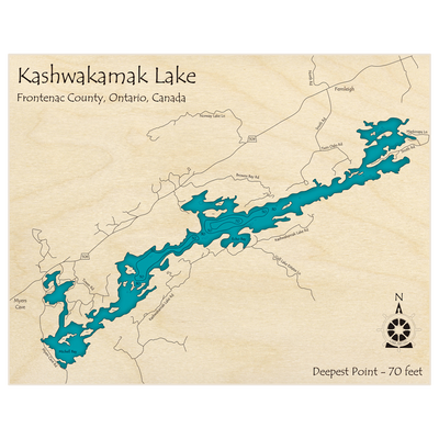 Bathymetric topo map of Kashwakamak Lake with roads, towns and depths noted in blue water