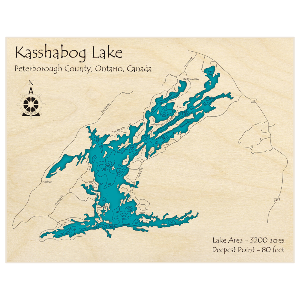 Bathymetric topo map of Kasshabog Lake with roads, towns and depths noted in blue water