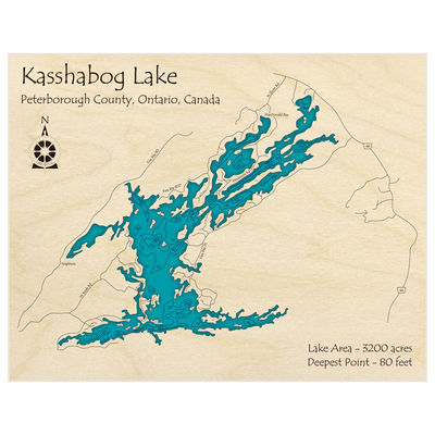 Bathymetric topo map of Kasshabog Lake with roads, towns and depths noted in blue water