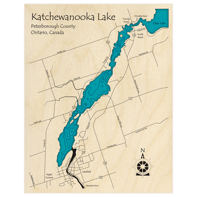 Bathymetric topo map of Katchewanooka Lake with roads, towns and depths noted in blue water