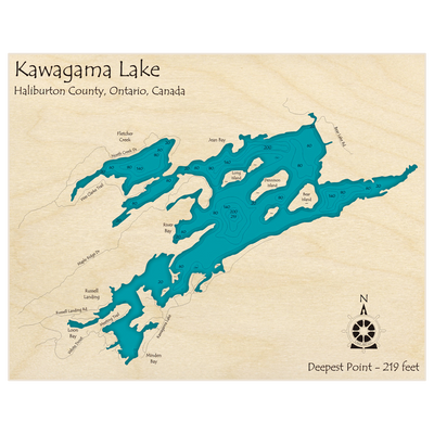 Bathymetric topo map of Kawagama Lake with roads, towns and depths noted in blue water