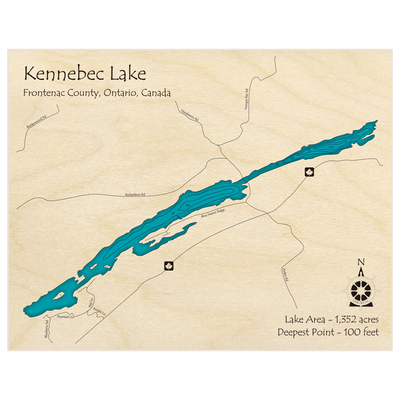 Bathymetric topo map of Kennabec Lake with roads, towns and depths noted in blue water