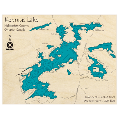 Bathymetric topo map of Kennisis Lake (With Little Kennisis and Kelly Lakes) with roads, towns and depths noted in blue water