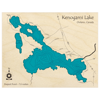 Bathymetric topo map of Kenogami Lake (in meters) with roads, towns and depths noted in blue water