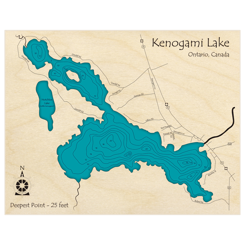 Bathymetric topo map of Kenogami Lake (in feet) with roads, towns and depths noted in blue water