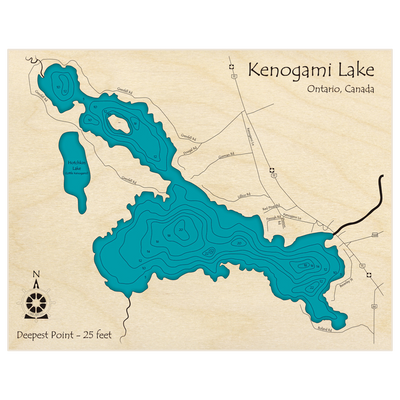 Bathymetric topo map of Kenogami Lake (in feet) with roads, towns and depths noted in blue water