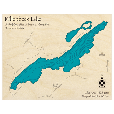 Bathymetric topo map of Killenbeck Lake with roads, towns and depths noted in blue water