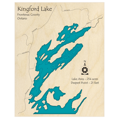 Bathymetric topo map of Kingsford Lake with roads, towns and depths noted in blue water