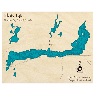 Bathymetric topo map of Klotz Lake with roads, towns and depths noted in blue water