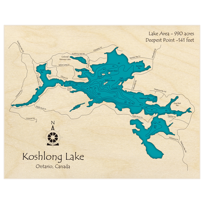 Bathymetric topo map of Koshlong Lake with roads, towns and depths noted in blue water