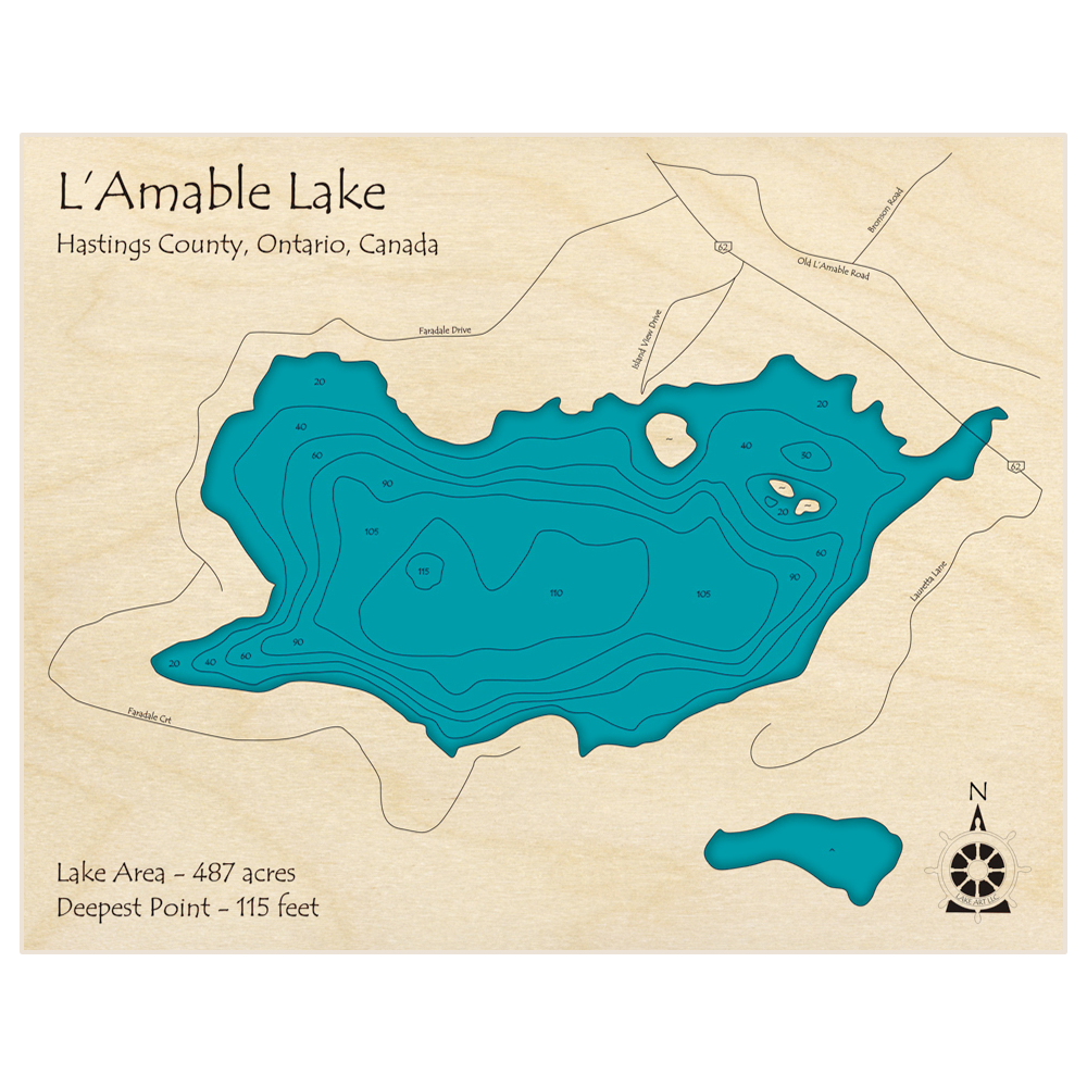 Bathymetric topo map of Lamable Lake with roads, towns and depths noted in blue water