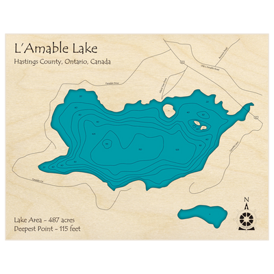 Bathymetric topo map of Lamable Lake with roads, towns and depths noted in blue water