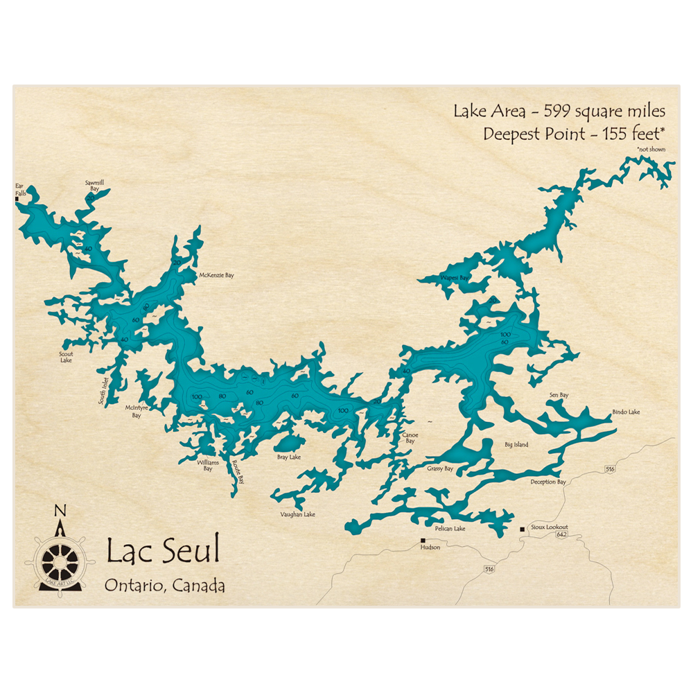 Bathymetric topo map of Lac Seul with roads, towns and depths noted in blue water