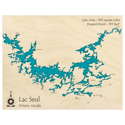 Bathymetric topo map of Lac Seul with roads, towns and depths noted in blue water