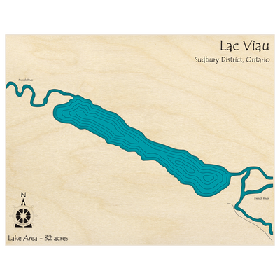 Bathymetric topo map of Lac Viau  with roads, towns and depths noted in blue water