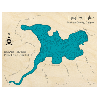 Bathymetric topo map of Lavallee Lake with roads, towns and depths noted in blue water