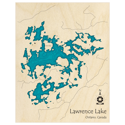 Bathymetric topo map of Lawrence Lake  with roads, towns and depths noted in blue water