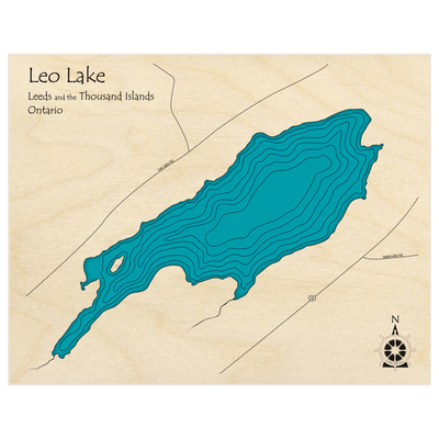 Bathymetric topo map of Leo Lake  with roads, towns and depths noted in blue water