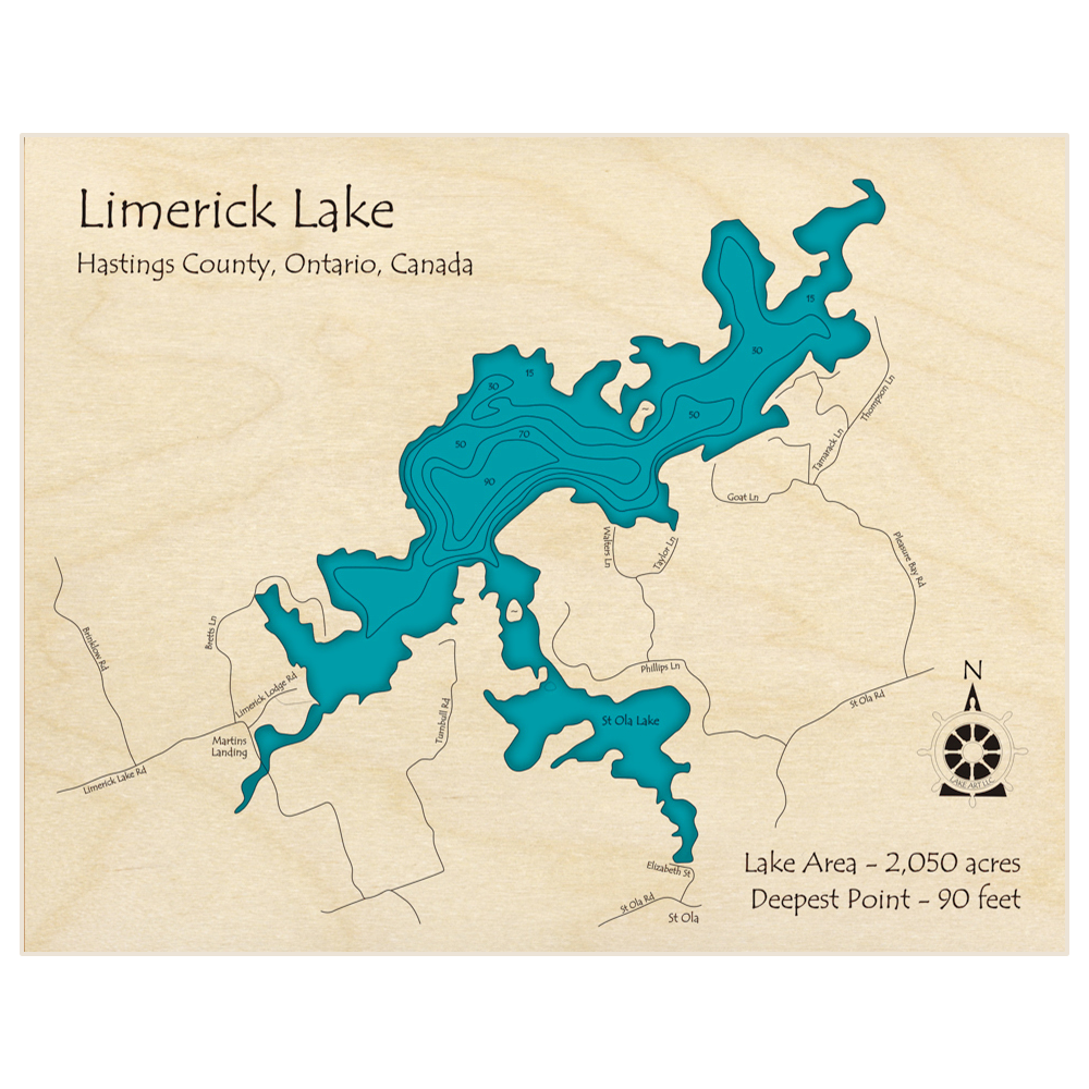 Bathymetric topo map of Limerick Lake with roads, towns and depths noted in blue water