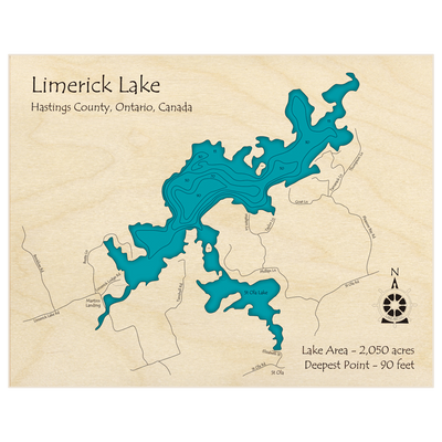 Bathymetric topo map of Limerick Lake with roads, towns and depths noted in blue water