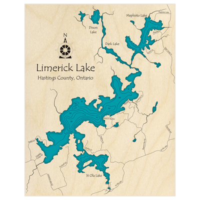 Bathymetric topo map of Limerick Lake (with St Ola and Mephisto) with roads, towns and depths noted in blue water