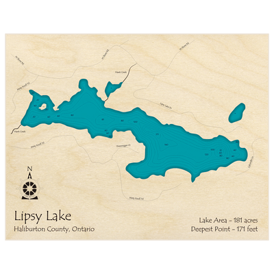 Bathymetric topo map of Lipsy Lake with roads, towns and depths noted in blue water