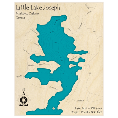 Bathymetric topo map of Little Lake Joseph with roads, towns and depths noted in blue water