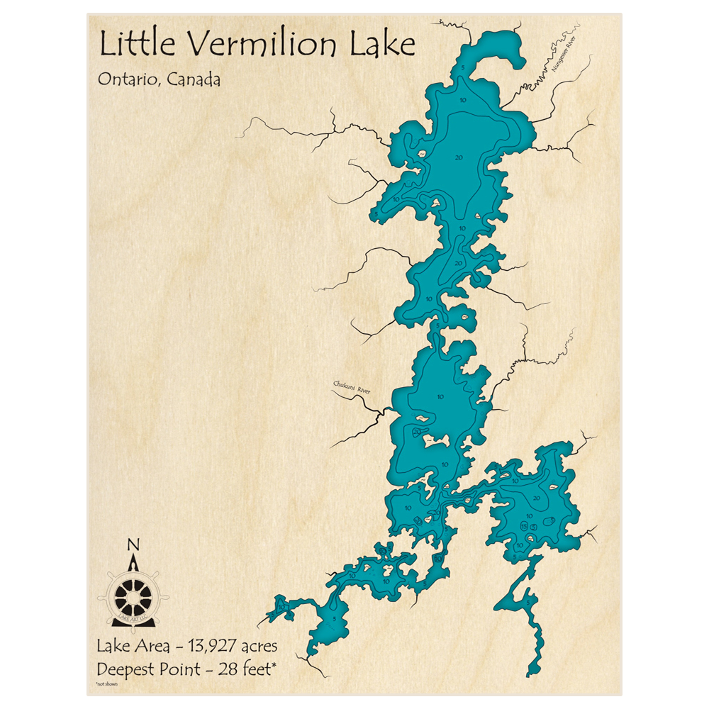 Bathymetric topo map of Little Vermilion Lake with roads, towns and depths noted in blue water