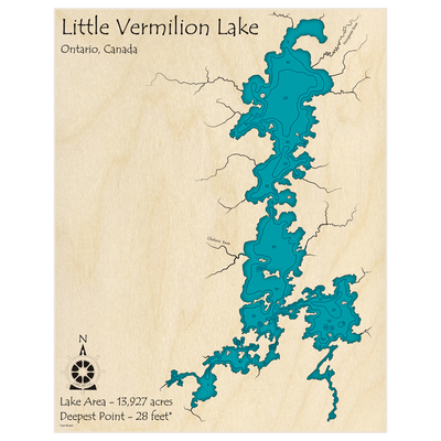 Bathymetric topo map of Little Vermilion Lake with roads, towns and depths noted in blue water