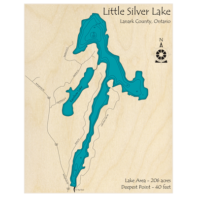 Bathymetric topo map of Little Silver Lake with roads, towns and depths noted in blue water