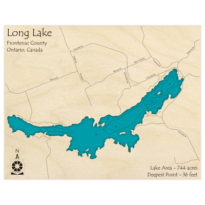 Bathymetric topo map of Long Lake with roads, towns and depths noted in blue water