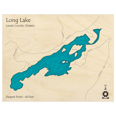 Bathymetric topo map of Long Lake with roads, towns and depths noted in blue water