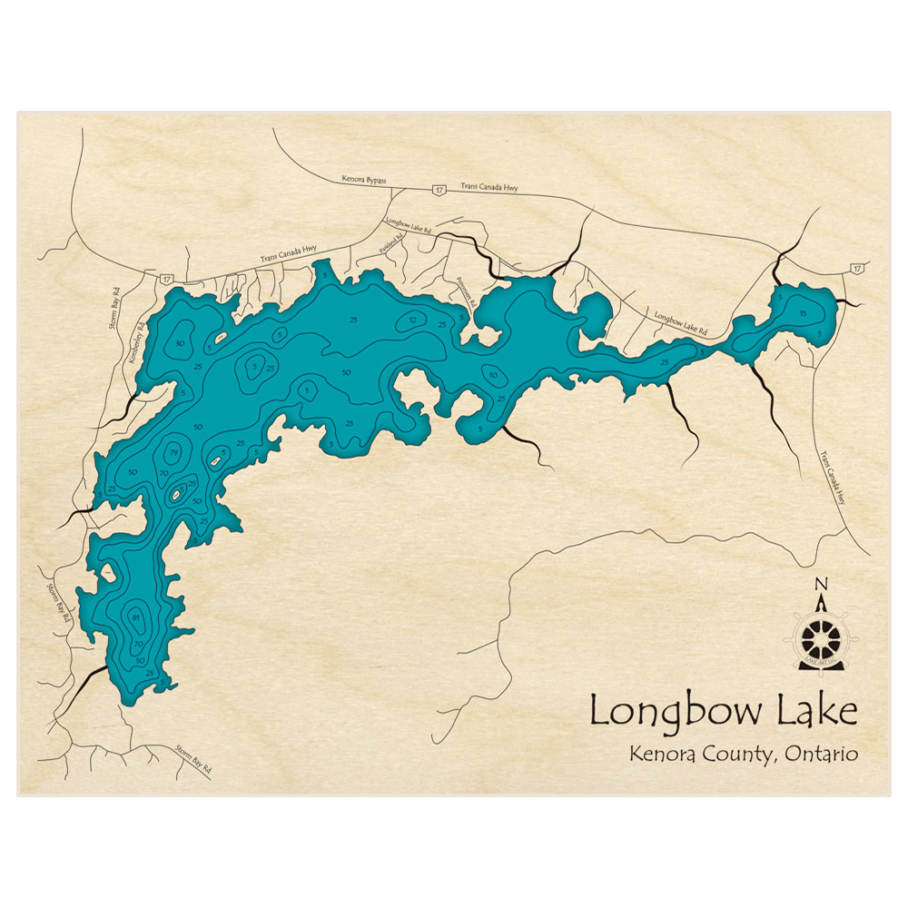 Bathymetric topo map of Longbow Lake with roads, towns and depths noted in blue water