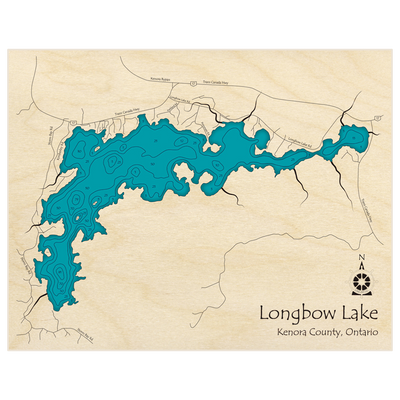 Bathymetric topo map of Longbow Lake with roads, towns and depths noted in blue water