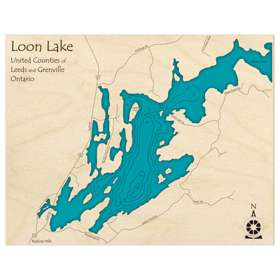 Bathymetric topo map of Loon Lake with roads, towns and depths noted in blue water