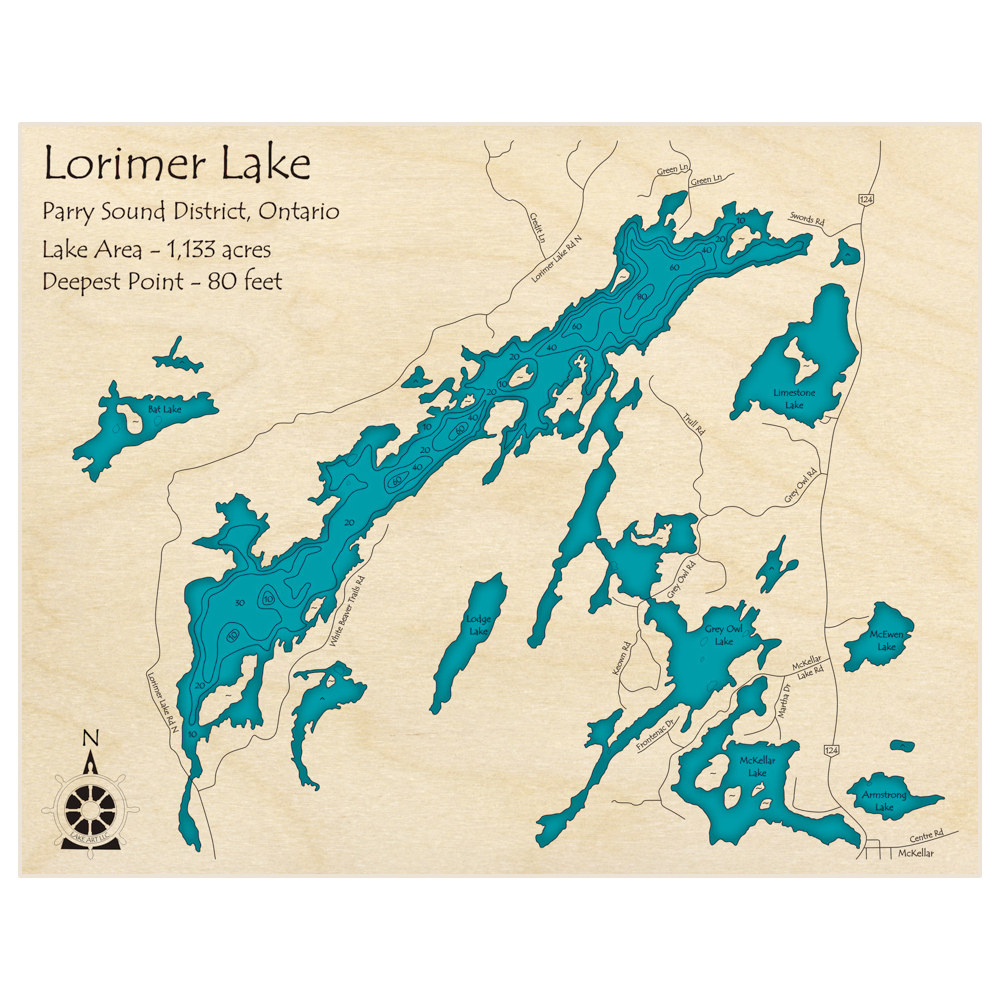 Bathymetric topo map of Lorimer Lake with roads, towns and depths noted in blue water