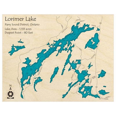 Bathymetric topo map of Lorimer Lake with roads, towns and depths noted in blue water