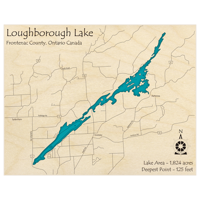 Bathymetric topo map of Loughborough Lake with roads, towns and depths noted in blue water